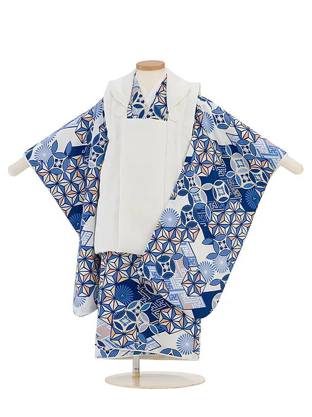 七五三レンタル(3歳男児被布)白×青　幾何学