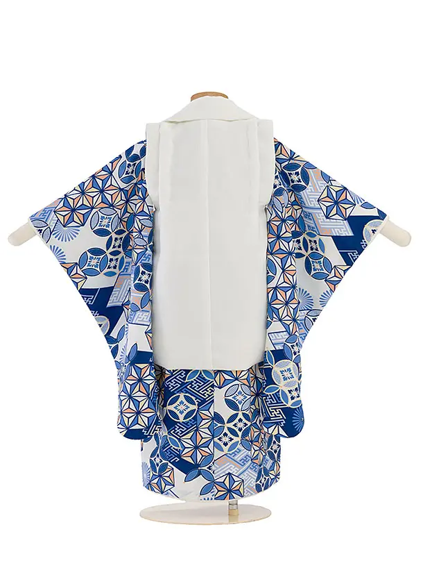 七五三レンタル(3歳男児被布)白×青　幾何学