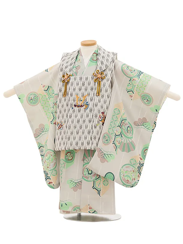 七五三レンタル(3歳男児被布)兜刺繍グレー×薄緑