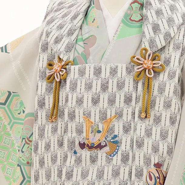 七五三レンタル(3歳男児被布)兜刺繍グレー×薄緑