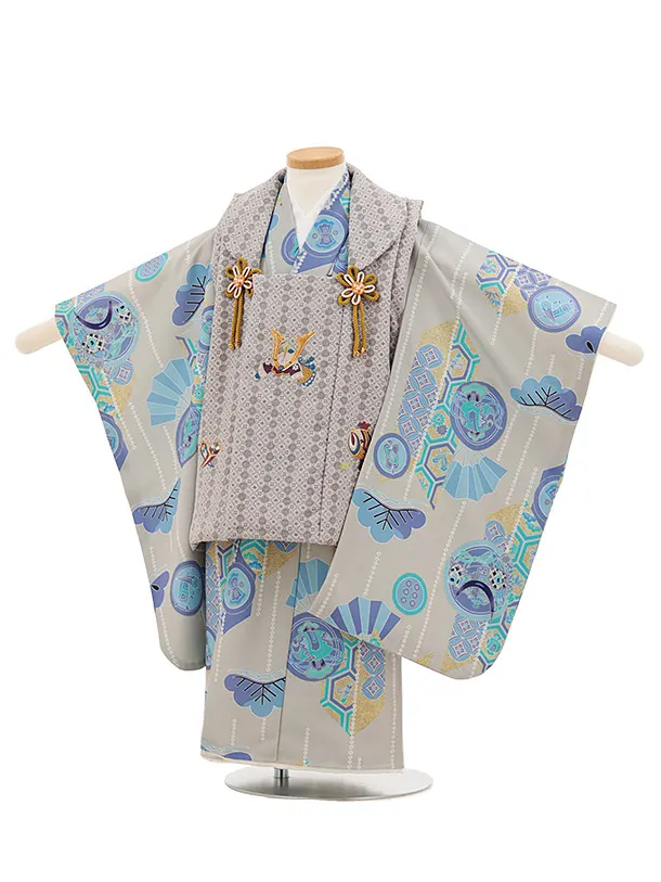 七五三レンタル(3歳男児被布)兜刺繍グレー×薄ブルー