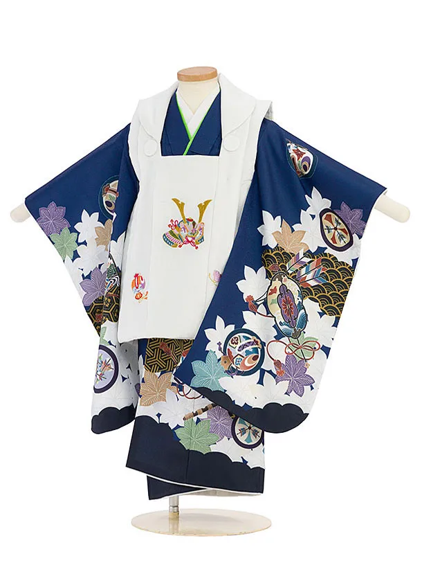 七五三レンタル(3歳男児被布)兜白×宝尽くし　青