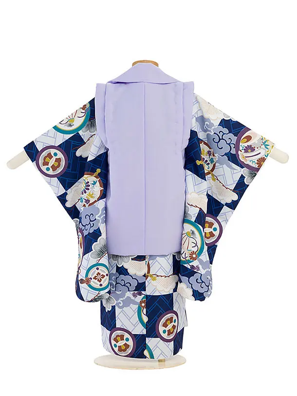 七五三レンタル(3歳男児被布)兜紫×宝尽くし丸紋に松　青