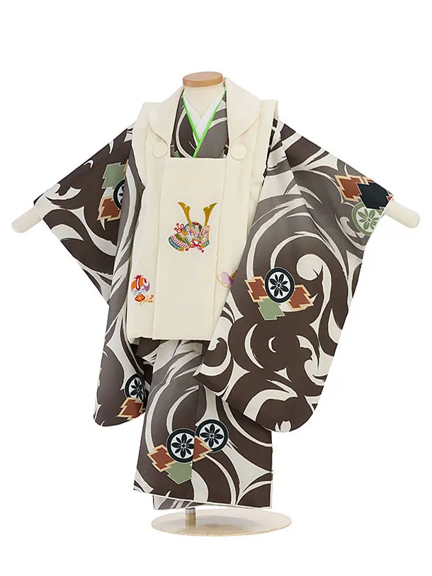 七五三レンタル(3歳男児被布)兜クリーム×渦巻水紋　茶
