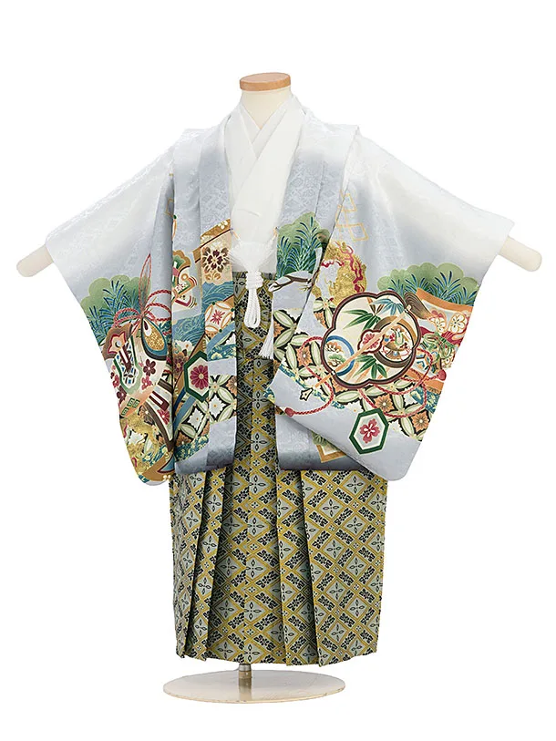 簡単男児七五三(3歳4歳男児袴)/白黒ぼかし地に金襴鷹と龍の吉祥紋×金襴袴