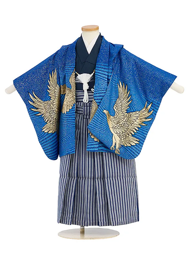 簡単男児七五三(5歳6歳男児袴)/青地に金ラメ鷹×青縞袴