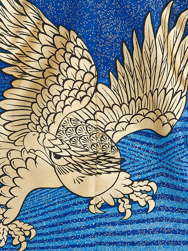 簡単男児七五三(5歳6歳男児袴)/青地に金ラメ鷹×青縞袴