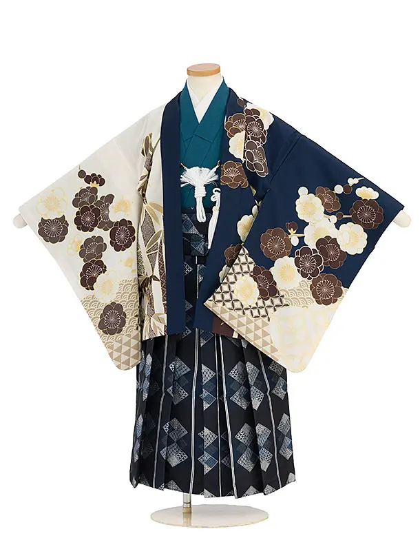 簡単男児七五三(5歳6歳男児袴)/白地と青地に菊と竹笹紋×紺菱紋袴