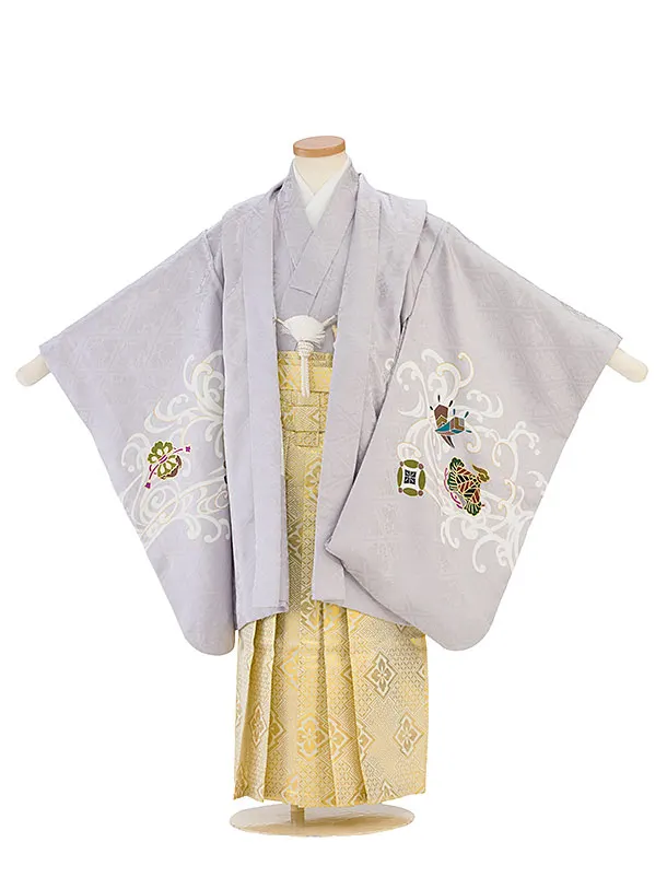 簡単男児七五三(男児袴)/シルバー地に龍　シルバー×白金菱袴