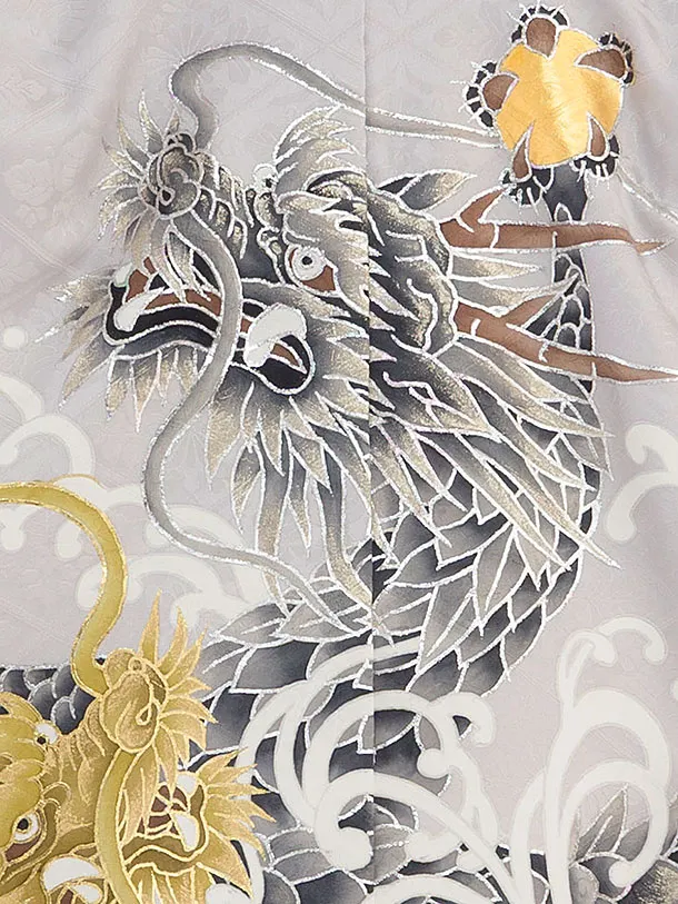 簡単男児七五三(男児袴)/シルバー地に龍　シルバー×白金菱袴