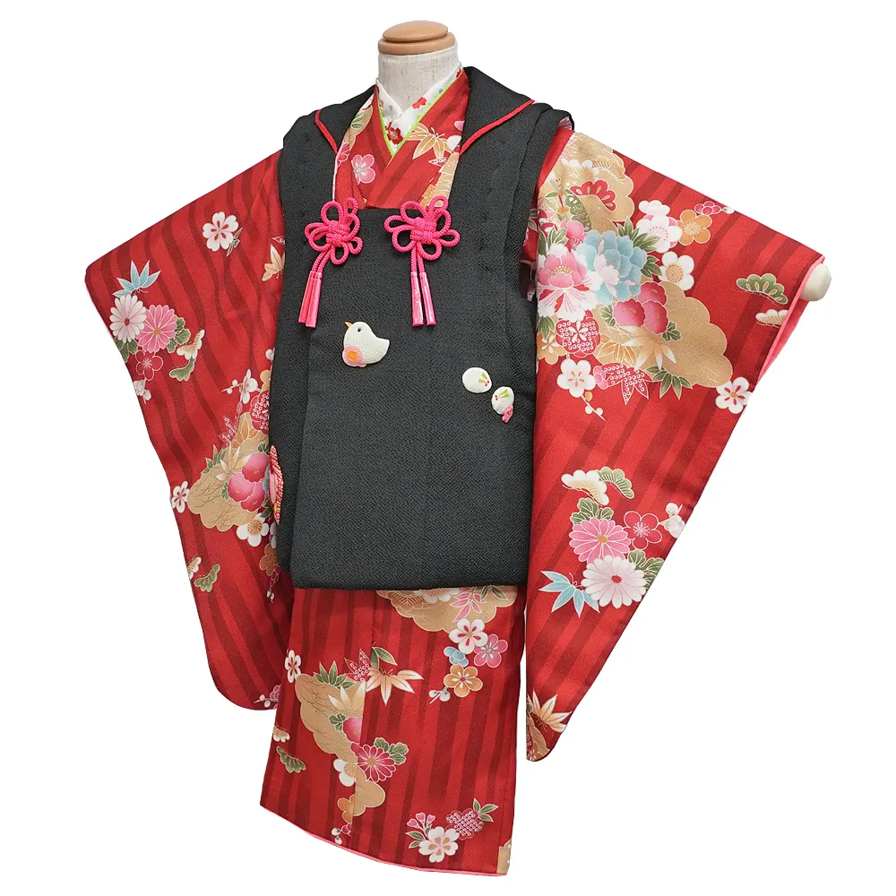 七五三レンタル(3歳女児被布)赤　古典柄×黒