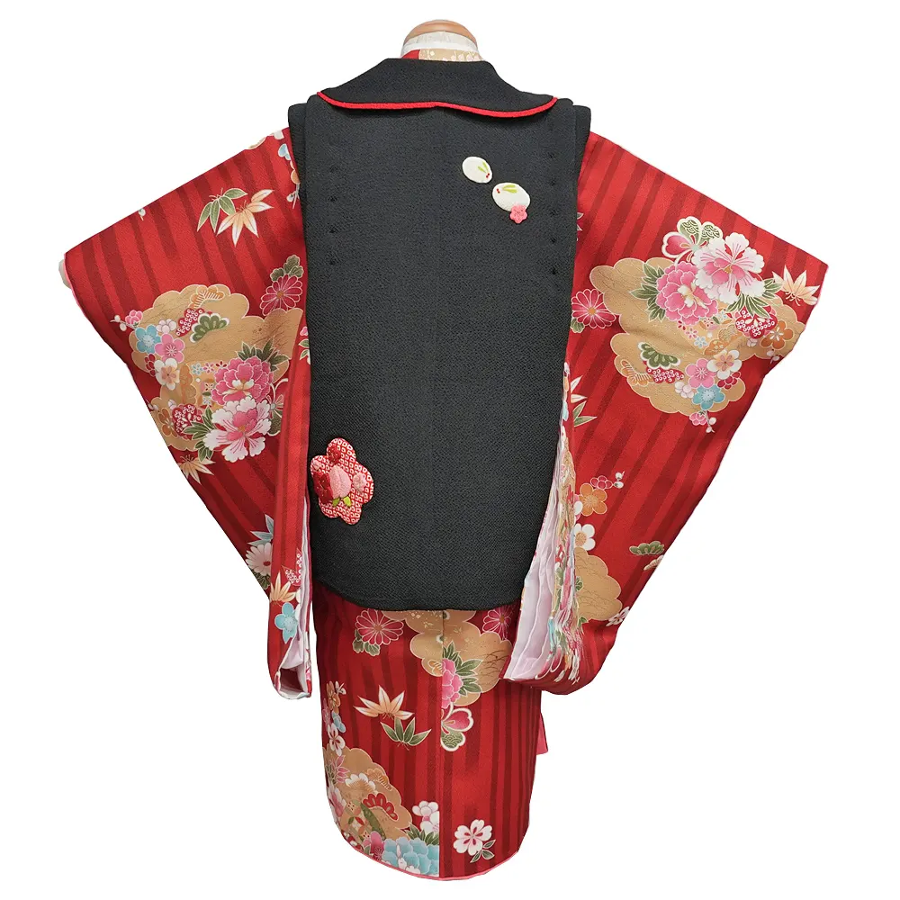 七五三レンタル(3歳女児被布)赤　古典柄×黒