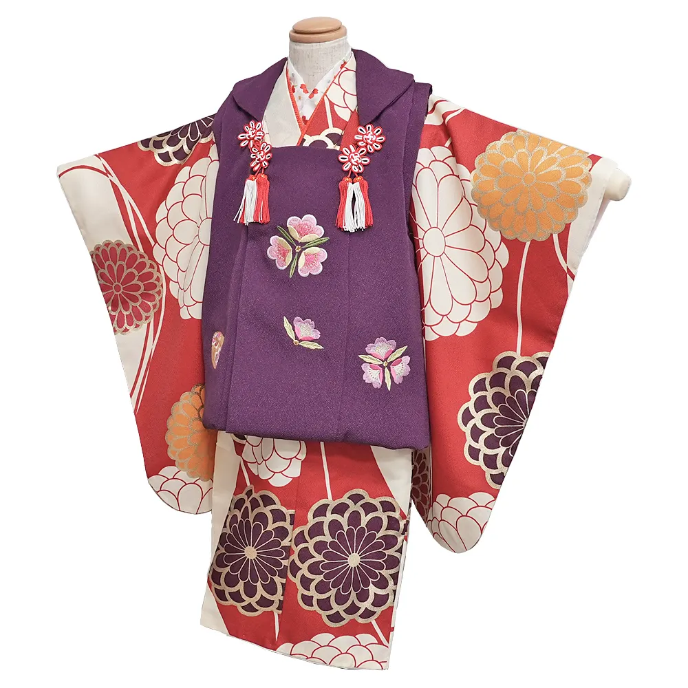 七五三レンタル(3歳女児被布)紫　菊×白赤