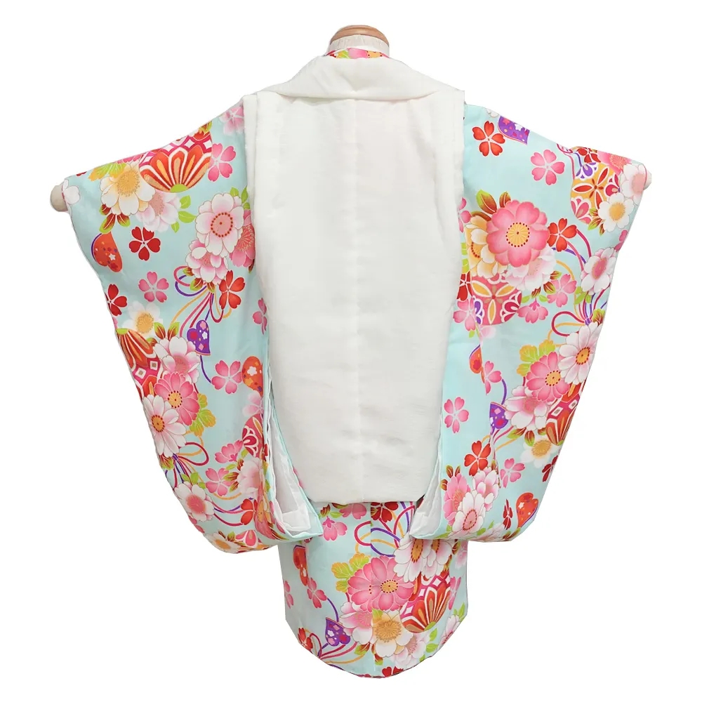 七五三レンタル(3歳女児被布)白　花めぐり×水色×白色