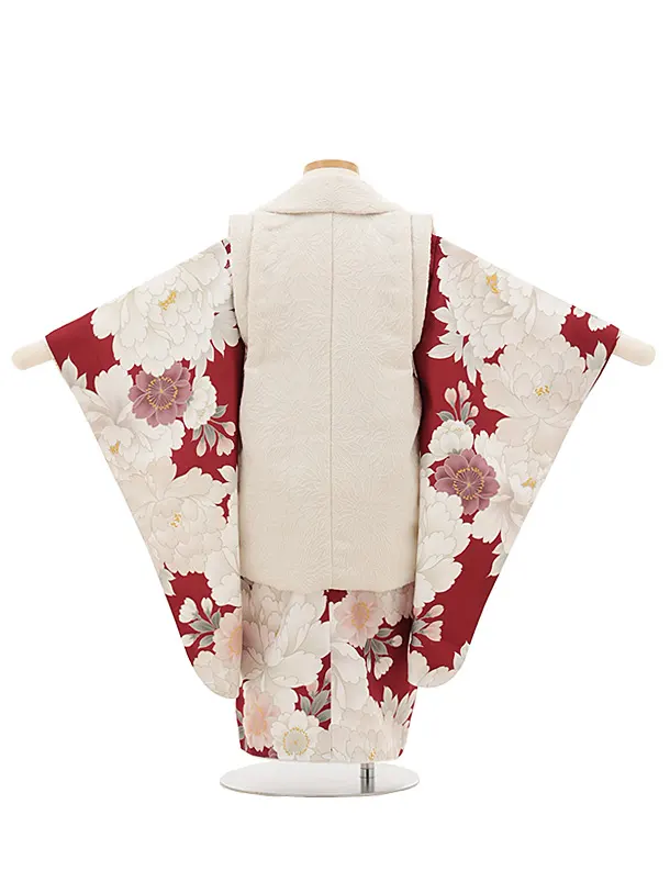 七五三レンタル(3歳女児被布)クリーム刺繍柄×エンジ白花