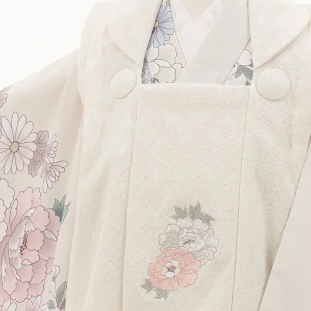 七五三レンタル(3歳女児被布)クリーム花刺繍×薄ベージュ紫花々
