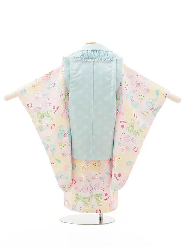 七五三レンタル(3歳女児被布)水色×リボン虹色