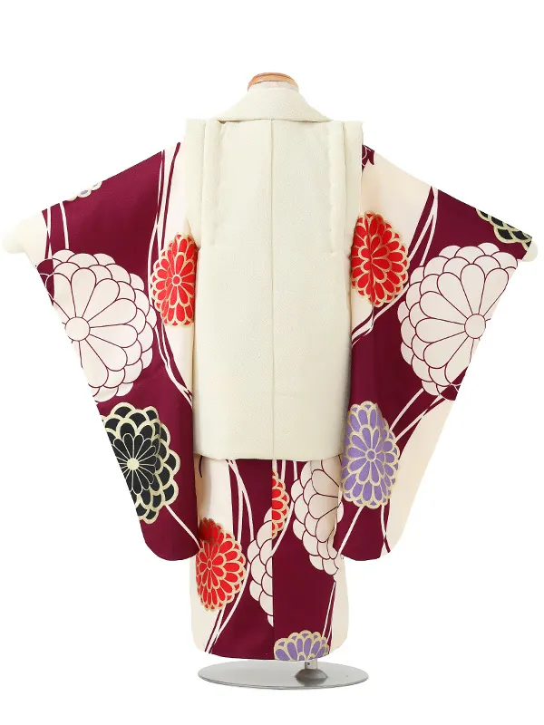 七五三レンタル(3歳女児被布)【刺繍】クリーム×白紫 菊花