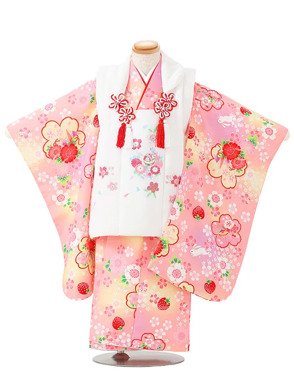七五三レンタル(3歳女児被布)【刺繍】白×桜　うさぎ