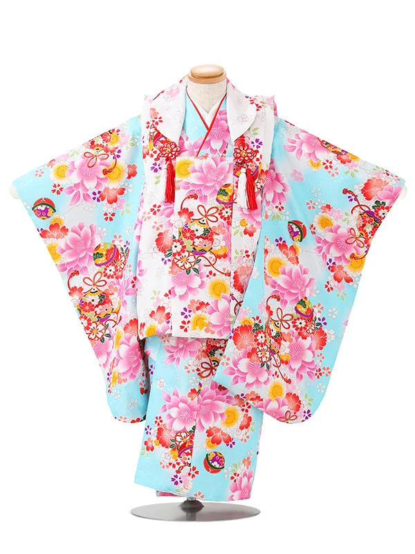 七五三レンタル(3歳女児被布)白　桜×式部ロマン　水色