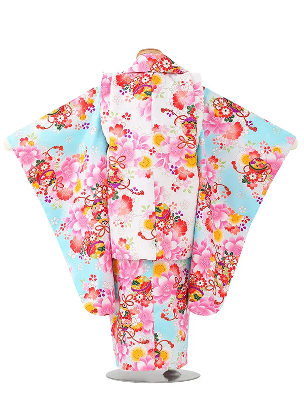 七五三レンタル(3歳女児被布)白　桜×式部ロマン　水色