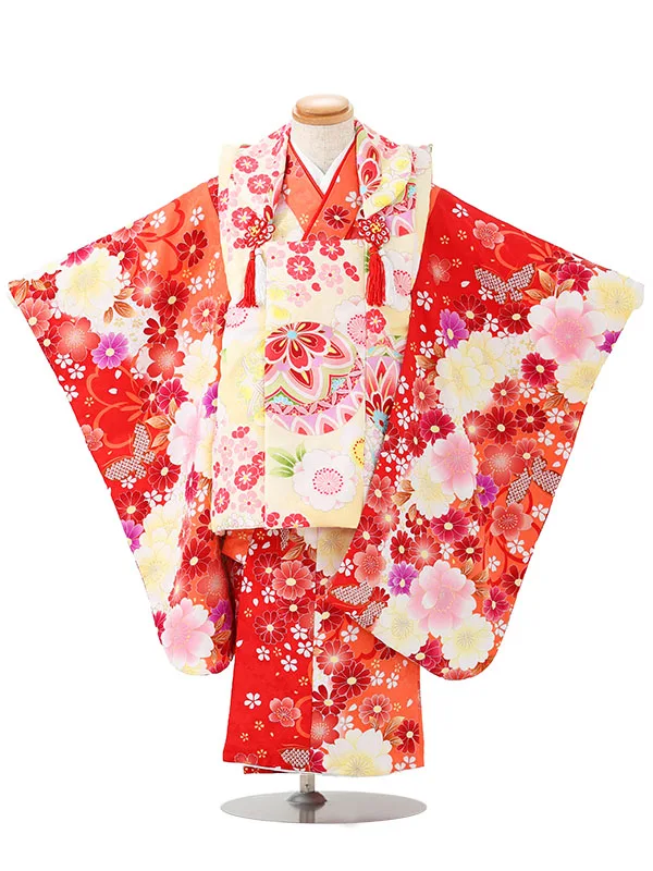 七五三レンタル(3歳女児被布)薄黄色　毬　桜×菊づくし