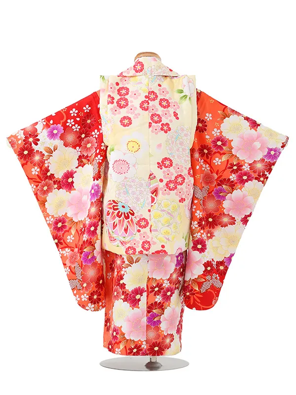七五三レンタル(3歳女児被布)薄黄色　毬　桜×菊づくし