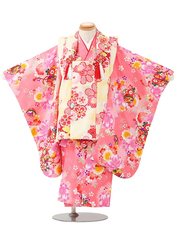 七五三レンタル(3歳女児被布)黄色菊　桜×毬
