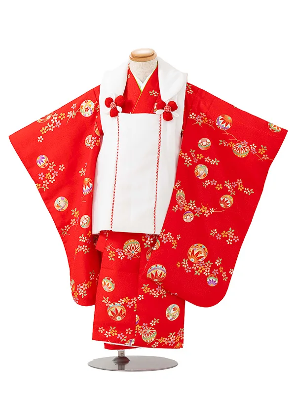 七五三レンタル(3歳女児被布)白　毬×赤色