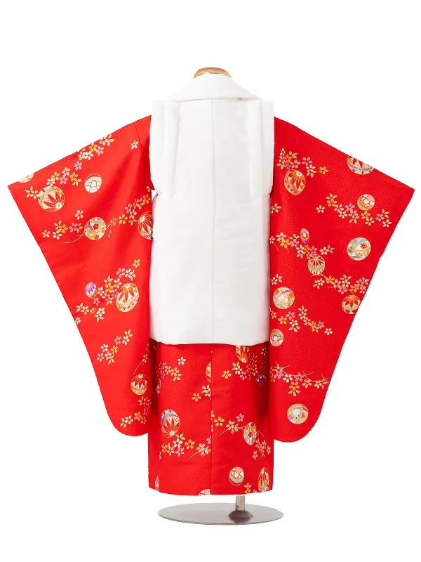 七五三レンタル(3歳女児被布)白　毬×赤色