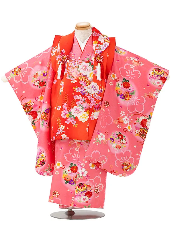 七五三レンタル(3歳女児被布)赤　桜×毬