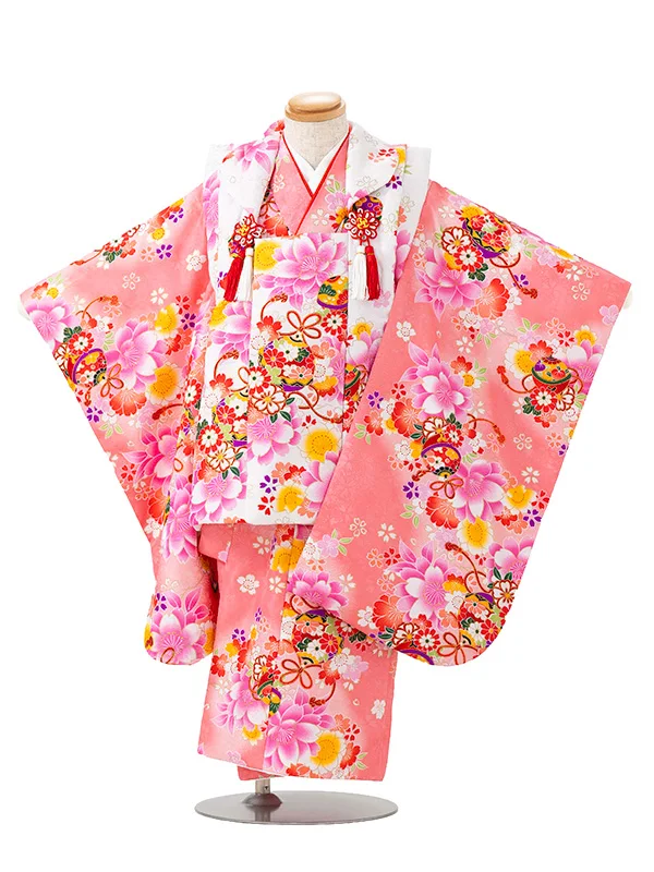 七五三レンタル(3歳女児被布)白　梅と鈴×サーモンピンク色