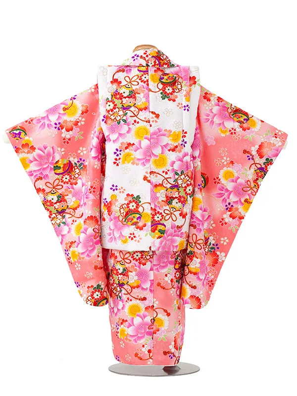 七五三レンタル(3歳女児被布)白　梅と鈴×サーモンピンク色