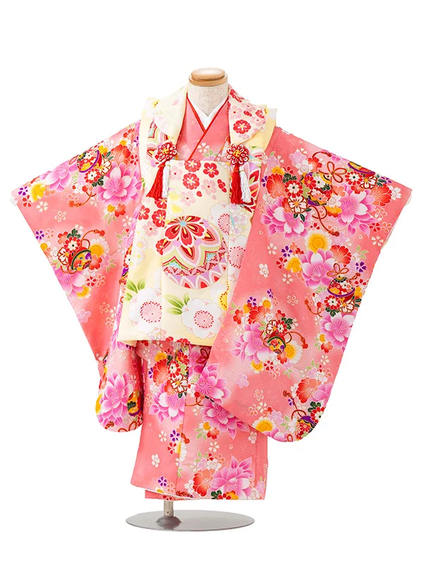 七五三レンタル(3歳女児被布)黄色　桜と鈴×ピンク色