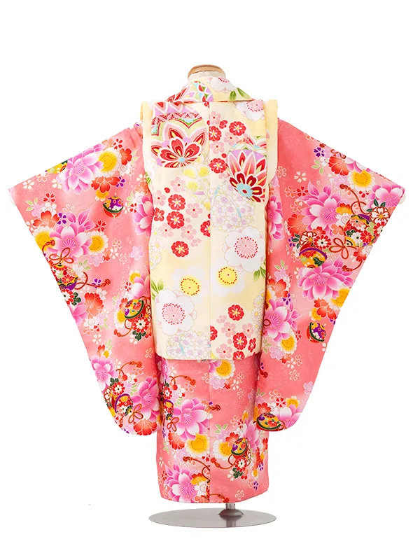 七五三レンタル(3歳女児被布)黄色　桜と鈴×ピンク色