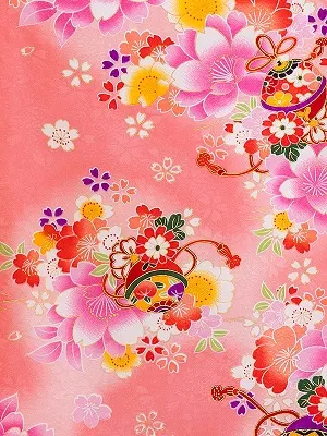 七五三レンタル(3歳女児被布)黄色　桜と鈴×ピンク色