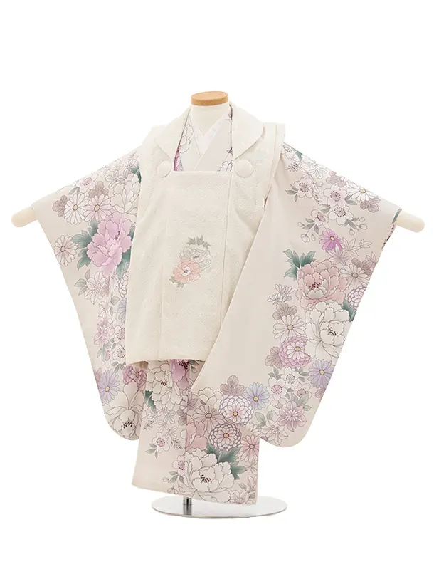 七五三レンタル(3歳女児被布)クリーム花刺繍×薄ベージュ紫花々