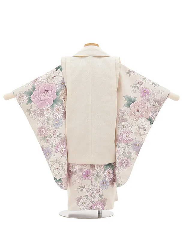 七五三レンタル(3歳女児被布)クリーム花刺繍×薄ベージュ紫花々