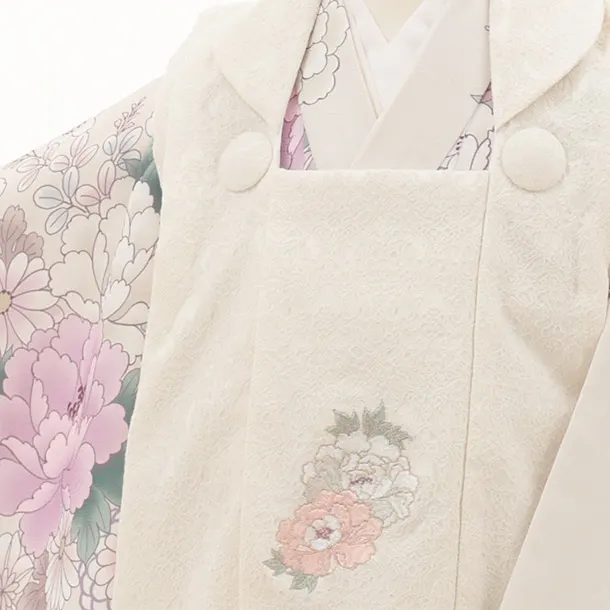 七五三レンタル(3歳女児被布)クリーム花刺繍×薄ベージュ紫花々