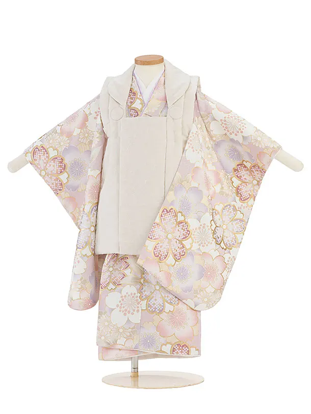 七五三レンタル(3歳女児被布)　薄ベージュ×紫花々