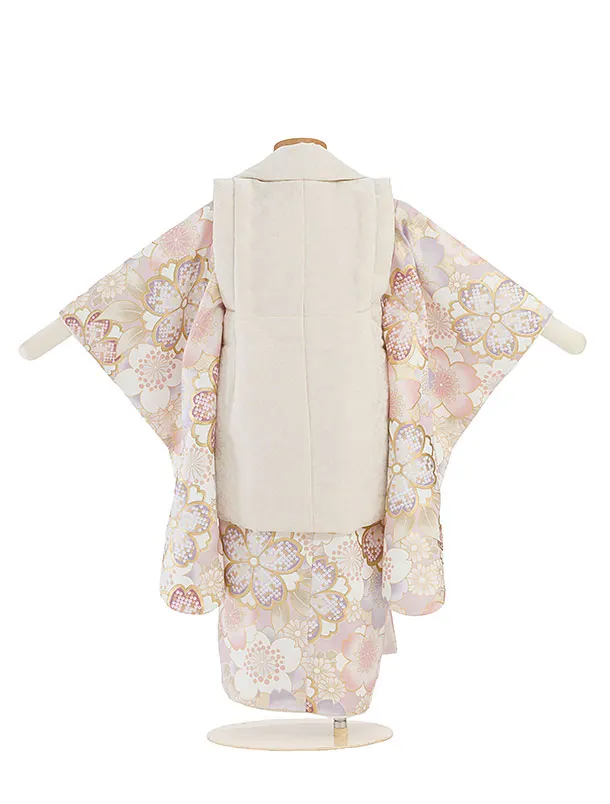 七五三レンタル(3歳女児被布)　薄ベージュ×紫花々