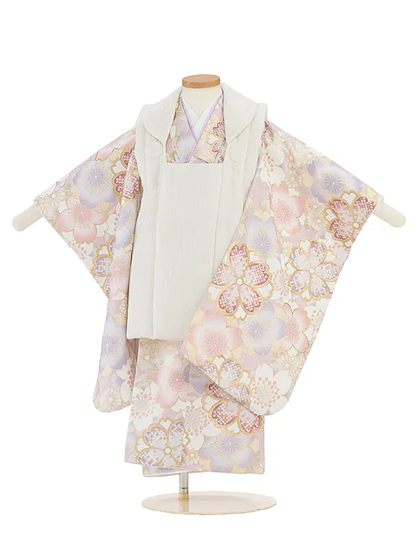 七五三レンタル(3歳女児被布)　白×紫花々