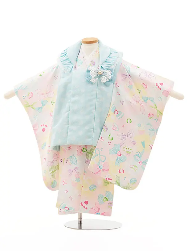 七五三レンタル(3歳女児被布)　【pitapita】水色×リボ虹色