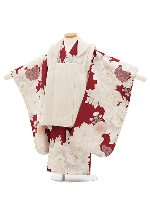 七五三レンタル(3歳女児被布)　クリーム刺繍柄×エンジ白花