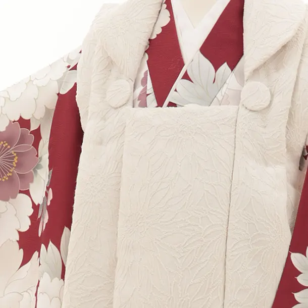 七五三レンタル(3歳女児被布)　クリーム刺繍柄×エンジ白花