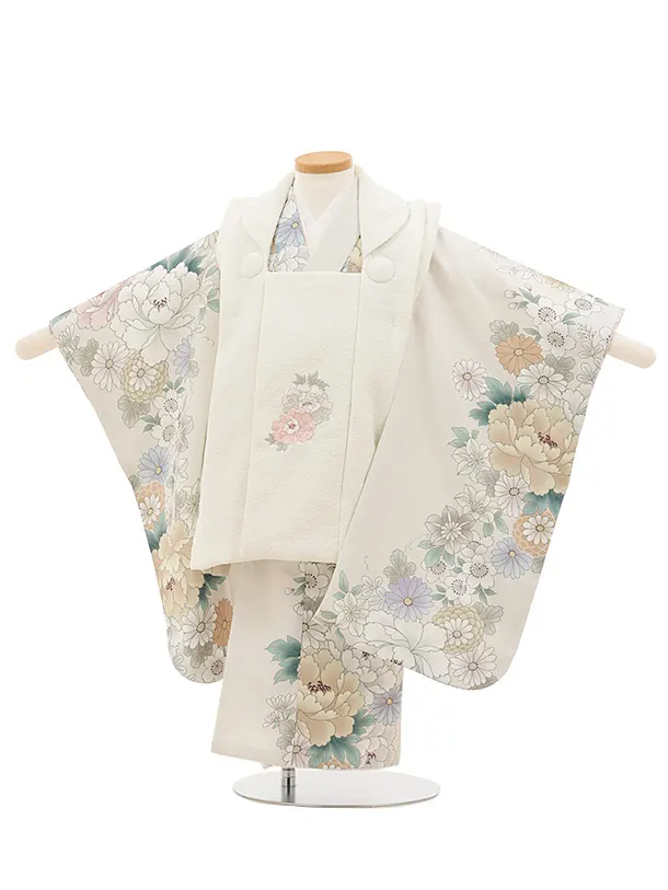 七五三レンタル(3歳女児被布)クリーム花刺繍×薄ベージュ白花々
