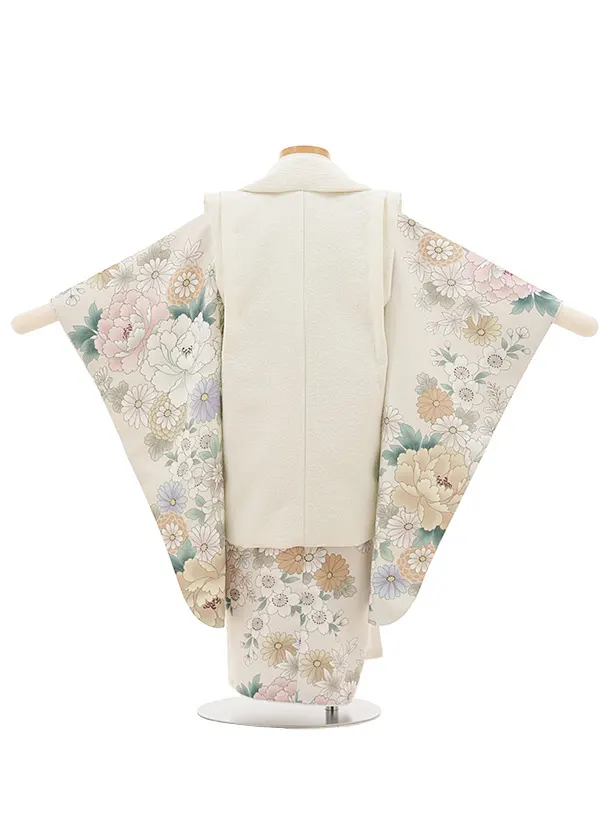 七五三レンタル(3歳女児被布)クリーム花刺繍×薄ベージュ白花々