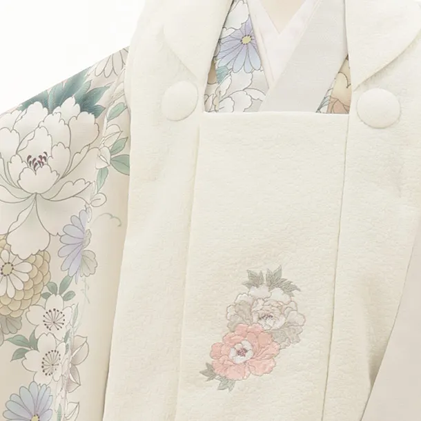 七五三レンタル(3歳女児被布)クリーム花刺繍×薄ベージュ白花々