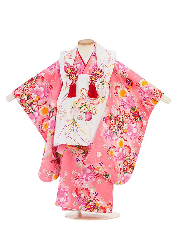七五三レンタル(3歳女児被布)白地に花×ピンク花尽くし