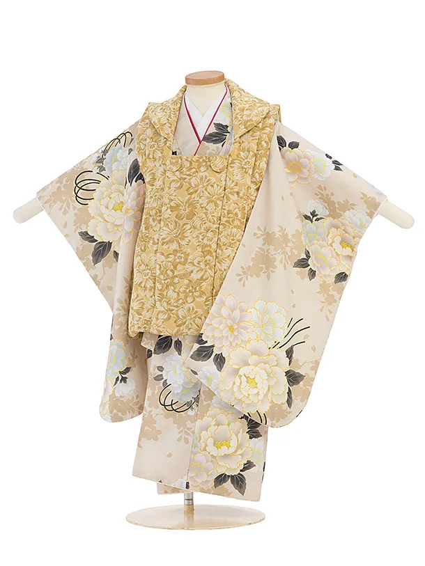 七五三レンタル(3歳女児被布)ベージュ地モダン花柄×桜　ベージュ